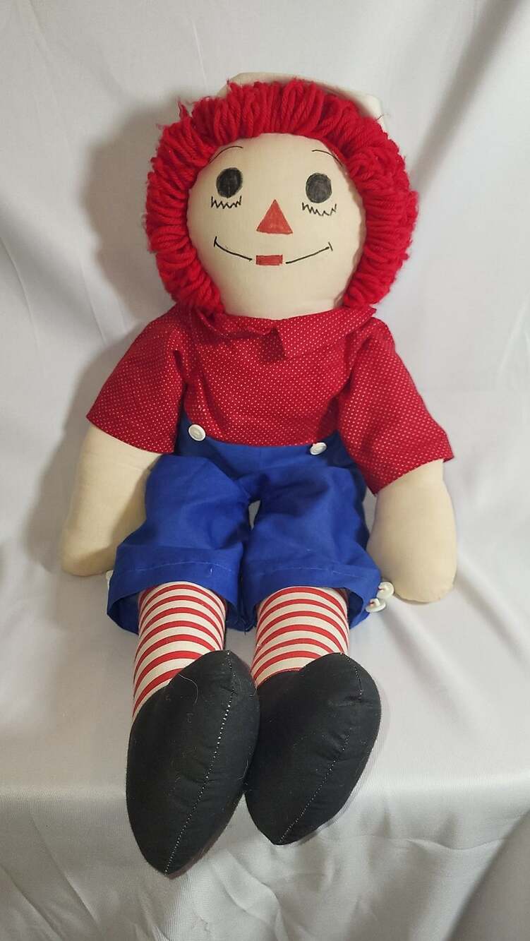 Vintage Handmade Raggedy Andy Cloth Doll with Embroidered I Love You Heart 18 In